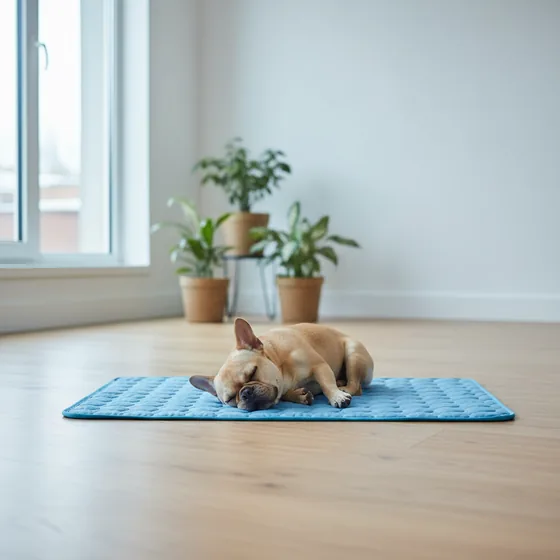 Bouledogue français endormi sur le tapis Frichien bleu
