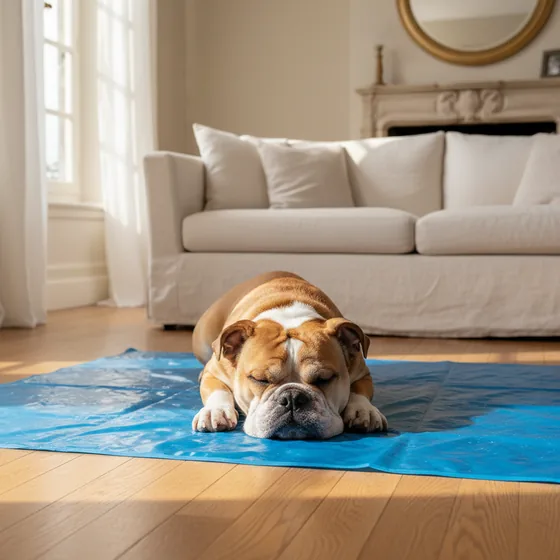 Chien au repos sur le tapis Frichien dans le salon